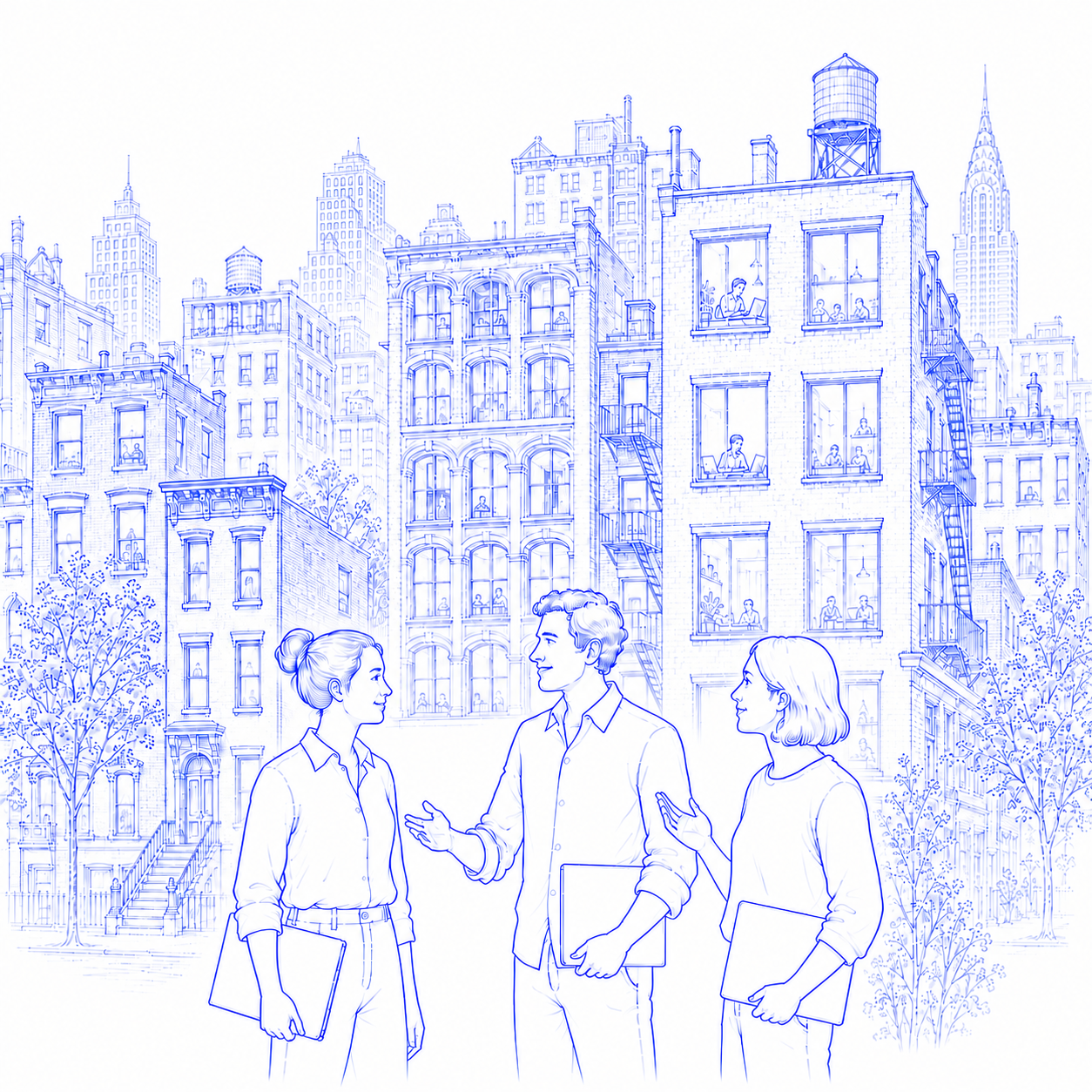 People work in separate rooms among New York brownstones, lofts, and towers. In front, three people meet, each carrying a laptop.