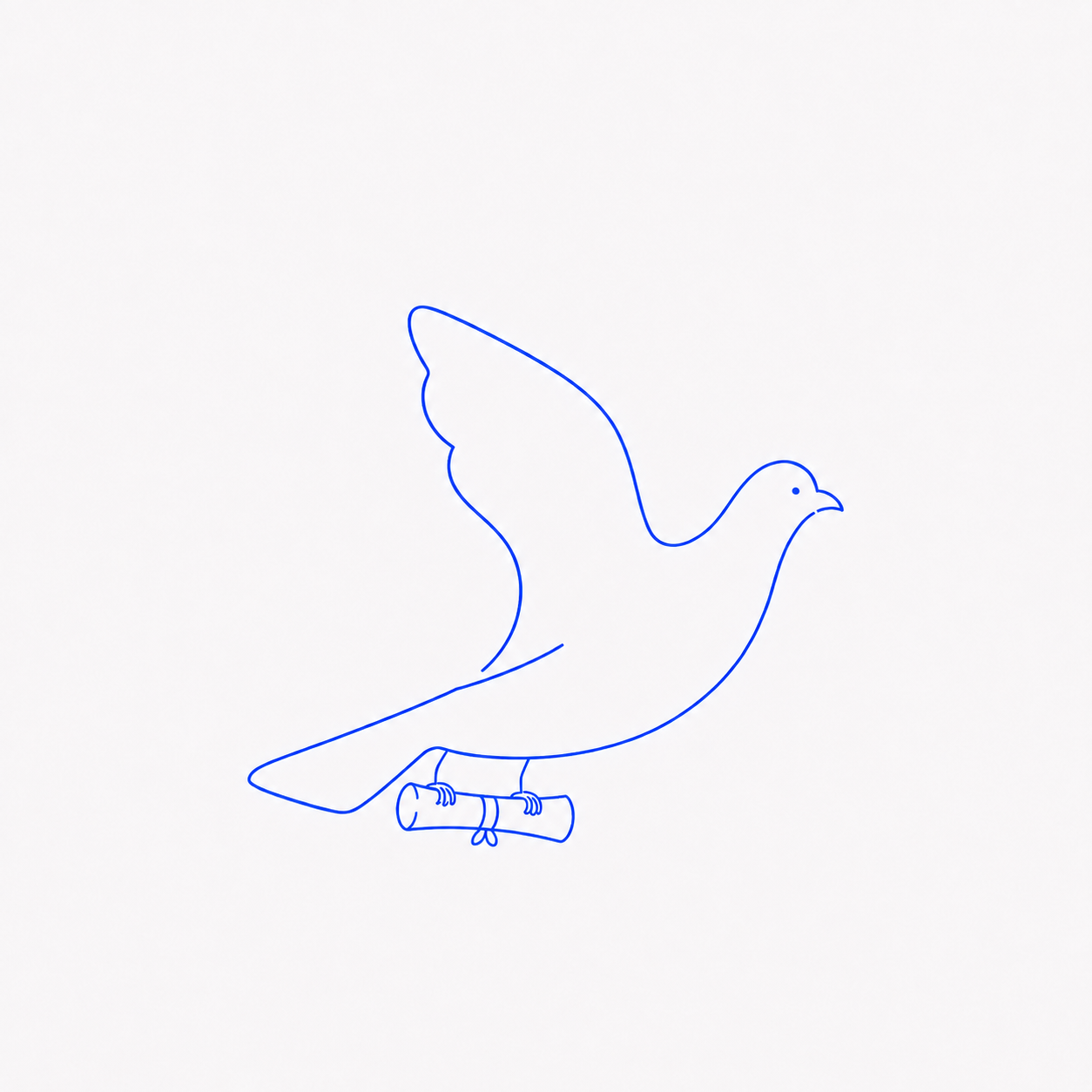 Encie, a flying pigeon carrying a rolled message, drawn in simple cobalt lines.
